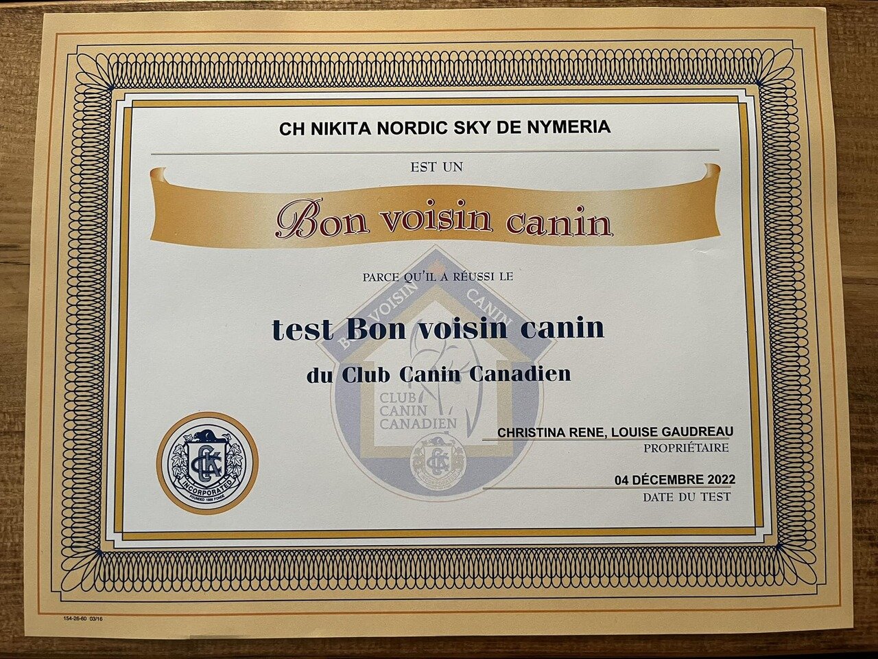 Certificat de Skye pour le Bon Voisin Canin